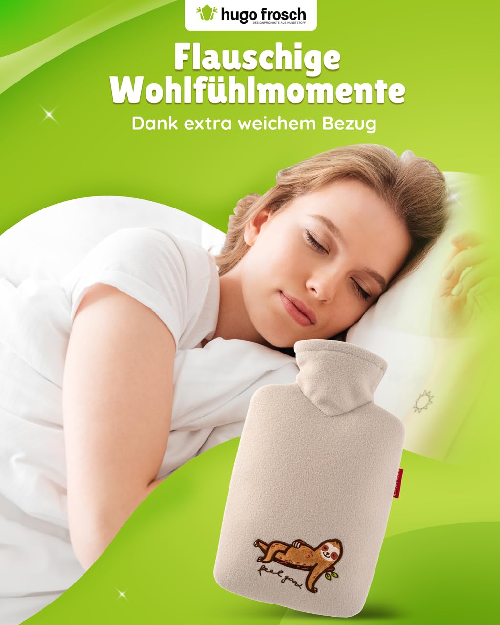 Hugo Frosch Bolsa de agua caliente clásica de 1,8 l – Fabricada en Alemania – con funda suave de forro polar "feel good" beige – botella grande a prueba de fugas y sin olor – con funda lavable