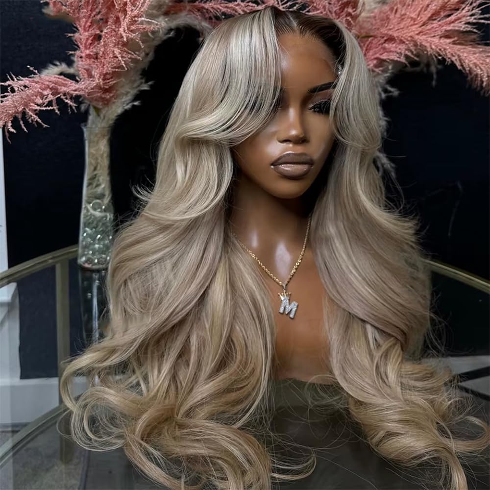 Ombre Brown Roots Ash Blonde Wigs Human Hair 200% Density 13x6 Body Wave Hd Thin Lace Front Wig for Women Glueless Ombre Blonde Colored Lace Front Wigs 26 Inch 65 cm Brown Root Ash Blonde