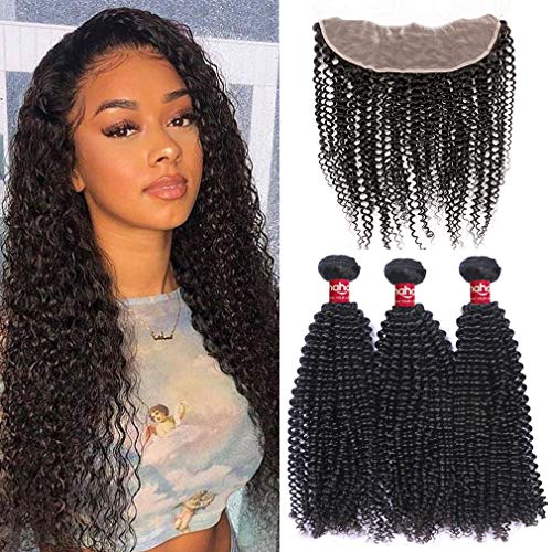 Haha Brazilian Curly Hair Bundles With Frontal 13x4 Ear To Ear Full Lace Frontal Closure With 3 Bundles Virgin Human Hair With Frontal Natural Color 26 28 30+24 Free Part
