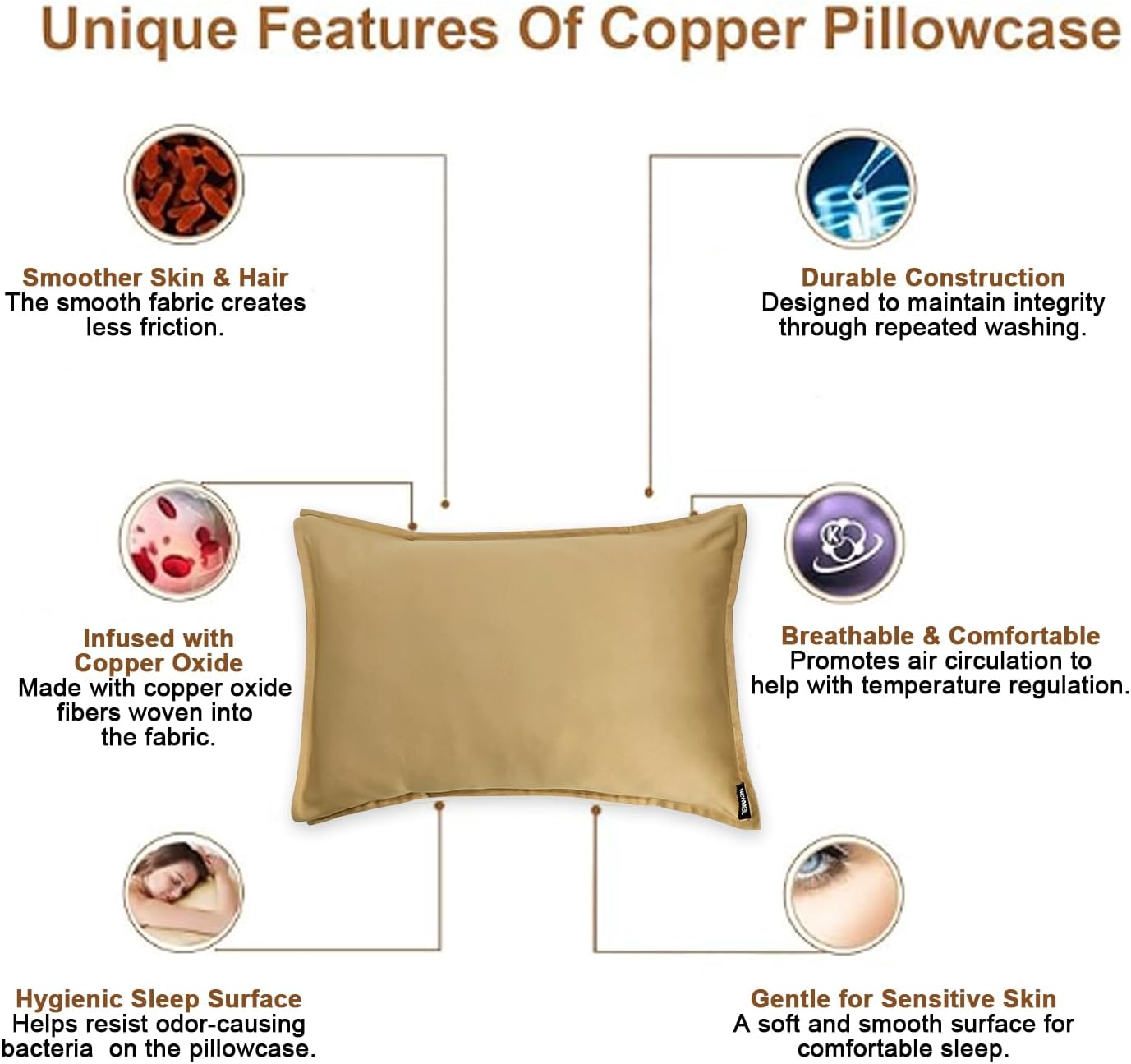 Copper Pillowcase with 100% Copper Oxide Fiber, Prevents Crow's Feet, Forehead Wrinkles, Fine Lines & Hair Smooth, Silk Like Soft Pillow Cover for Mum Daughter Girlfriend (18.5 in × 27.5 in) (1 pcs)