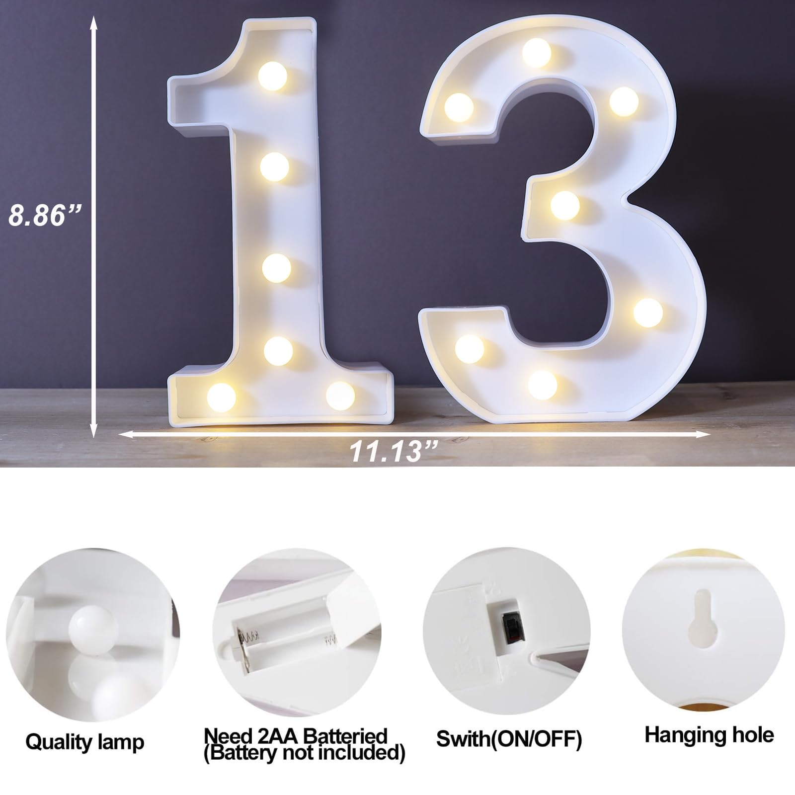 8.8" Decorative LED Light Up Numbers, Marquee Numbers Lights for 13th Birthday Decorations, Lighted Number Sign for Birthday Party Night Lights Anniversary Backdrop Home Decor, White Number 13 — view 6