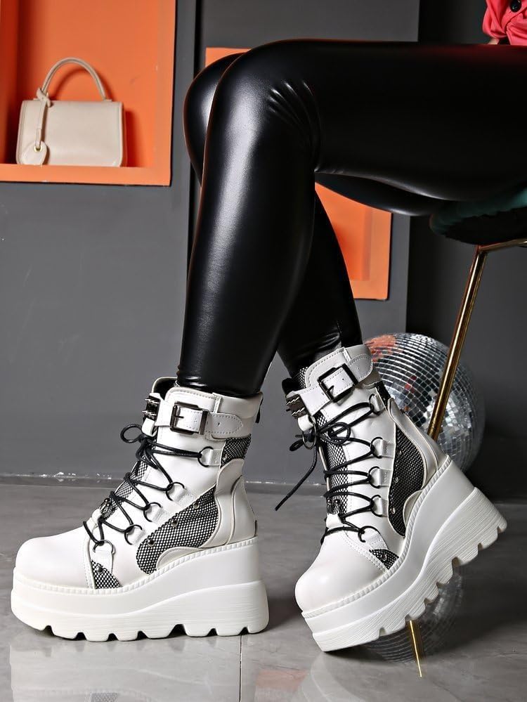 Image of Womens Goth Platform Boots Chunky High Heel Booties Round Toe Combat Ankle Boots Womens Lace Up Motorcycle Wedges Shoes