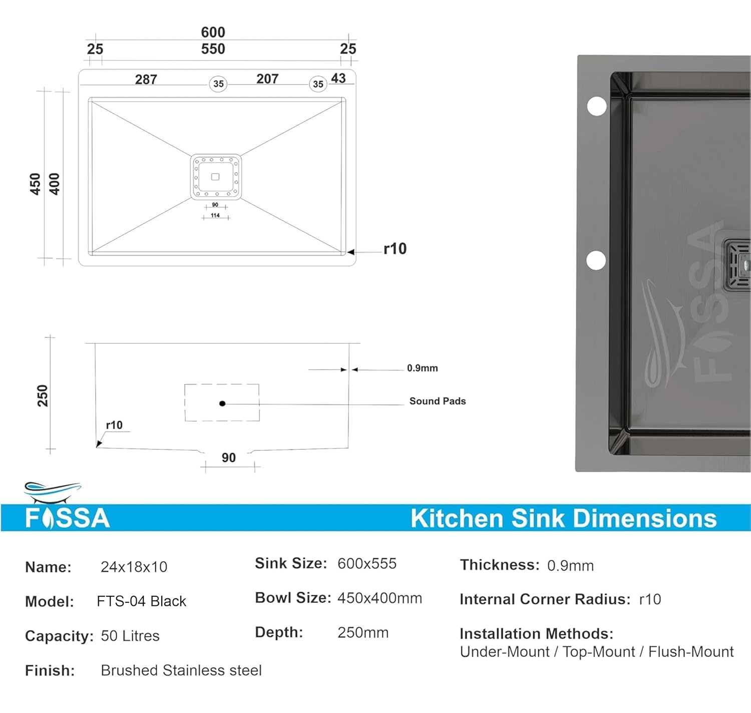 Fossa 24 x 18 x 10 Inch 5-Year Warranty Handmade Single Bowl Kitchen Sink with Tap Hole | Pure Premium Stainless Steel | Deep Bowl | Modern Modular Sink, Black (Matte Finish)