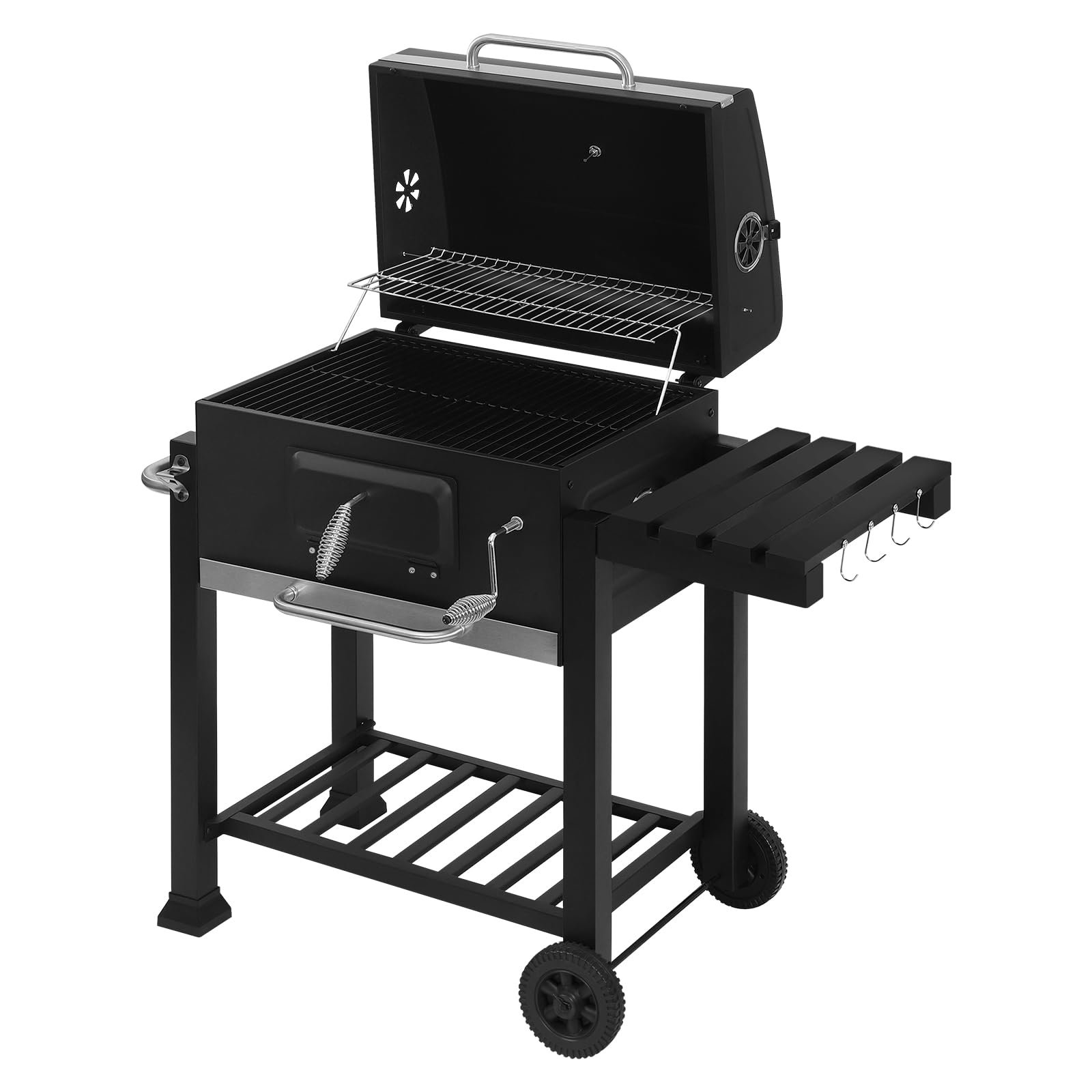 WOLTU Barbecue Portatile a Carbonella, Griglia a Carbone, Coperchio e Termometro, con Ruote e Ripiani, Carrello per Barbecue da Campeggio, Picnic e all'Aperto, 117x71x107cm, Nero