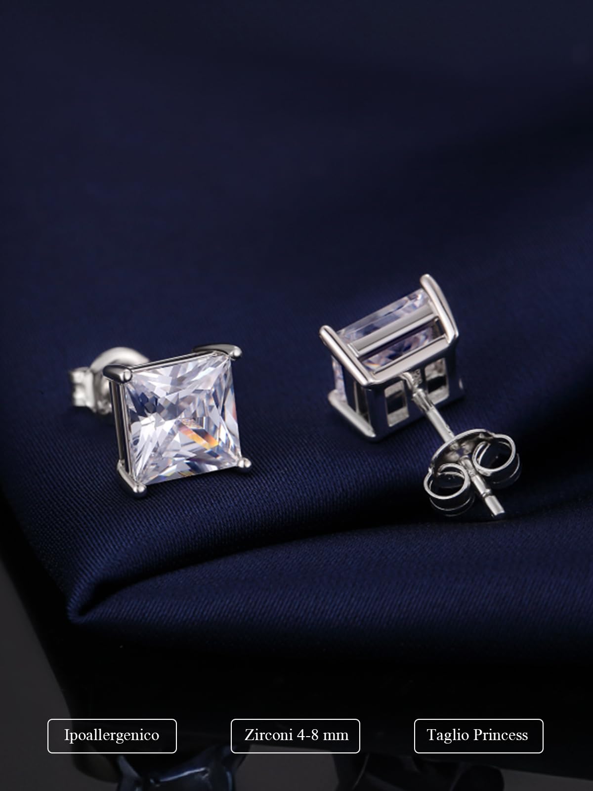 Orecchini Zirconi Cubici in Argento Sterling 925 Diamanti Simulati Ipoallergenici Orecchini a bottone Rotondi Quadrati CZ Piercing per Cartilagine Gioielli Regali per Donne Uomini 4-8 mm