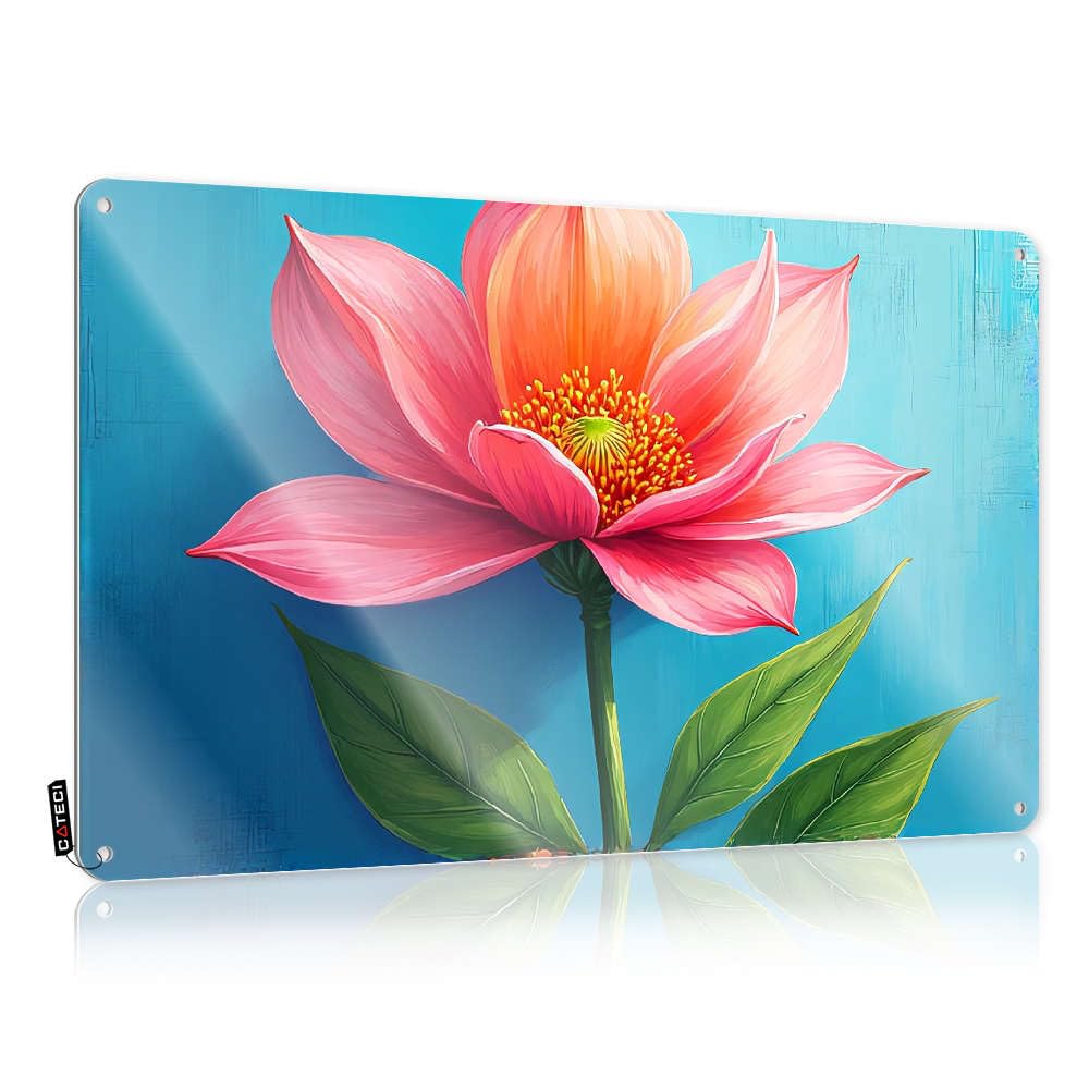Tin Wall Decor Wall Vintage Style | A Vibrant Pink Flower With Green Leaves Against A Blue Background. Industrial Graduation Home Decor(20X30CM)