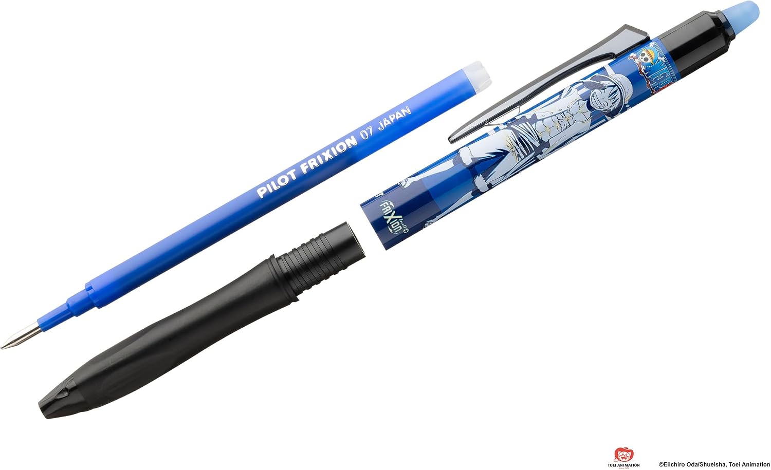 PILOT x One Piece - Set of 3 Frixion Ball Plus, Black, Blue, Red + 1 Set of 3 Blue Refills + 4 Stickers - Erasable Pens - Limited Edition One Piece - Made of Recycled Plastic - Medium Tip