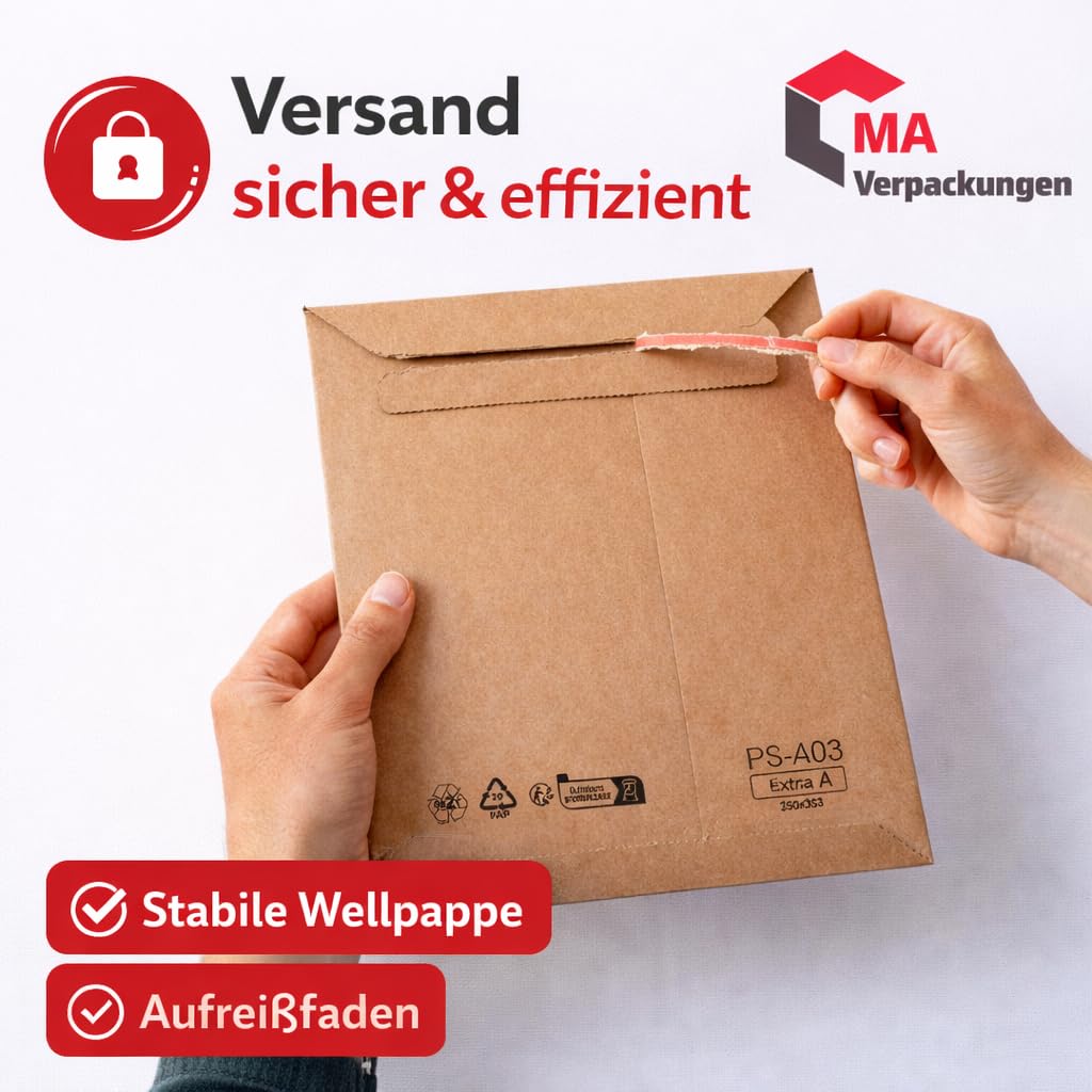 100x Versandtaschen DIN A5 175x250 mm aus stabiler Wellpappe – variable Füllhöhe bis 50 mm – selbstklebend mit Aufreißfaden – portooptimale Verpackung