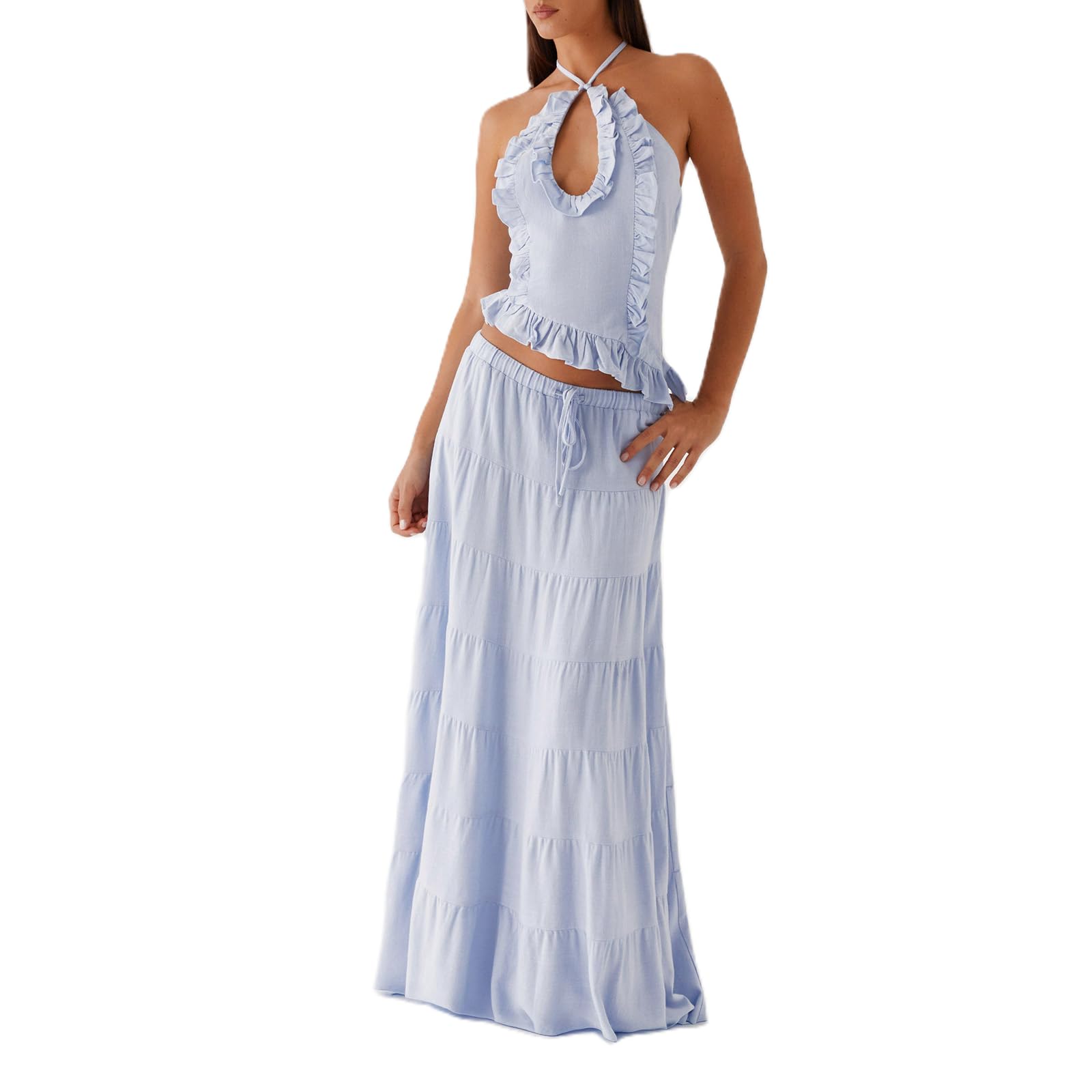 Women Maxi Skirt Set Y2k Sleeveless Backless Halter Top Drawstring Bodycon Long Skirt Summer 2 Piece Skirts Outfit
