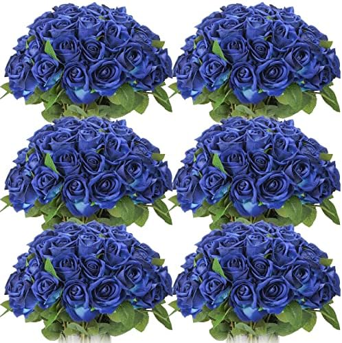 50 Pcs Artificial Rose Flower Realistic Silk Roses with Stem Bouquet of Flowers Plastic Flowers Real Looking Fake Roses for Home Wedding Centerpieces Party Decorations (Blue)