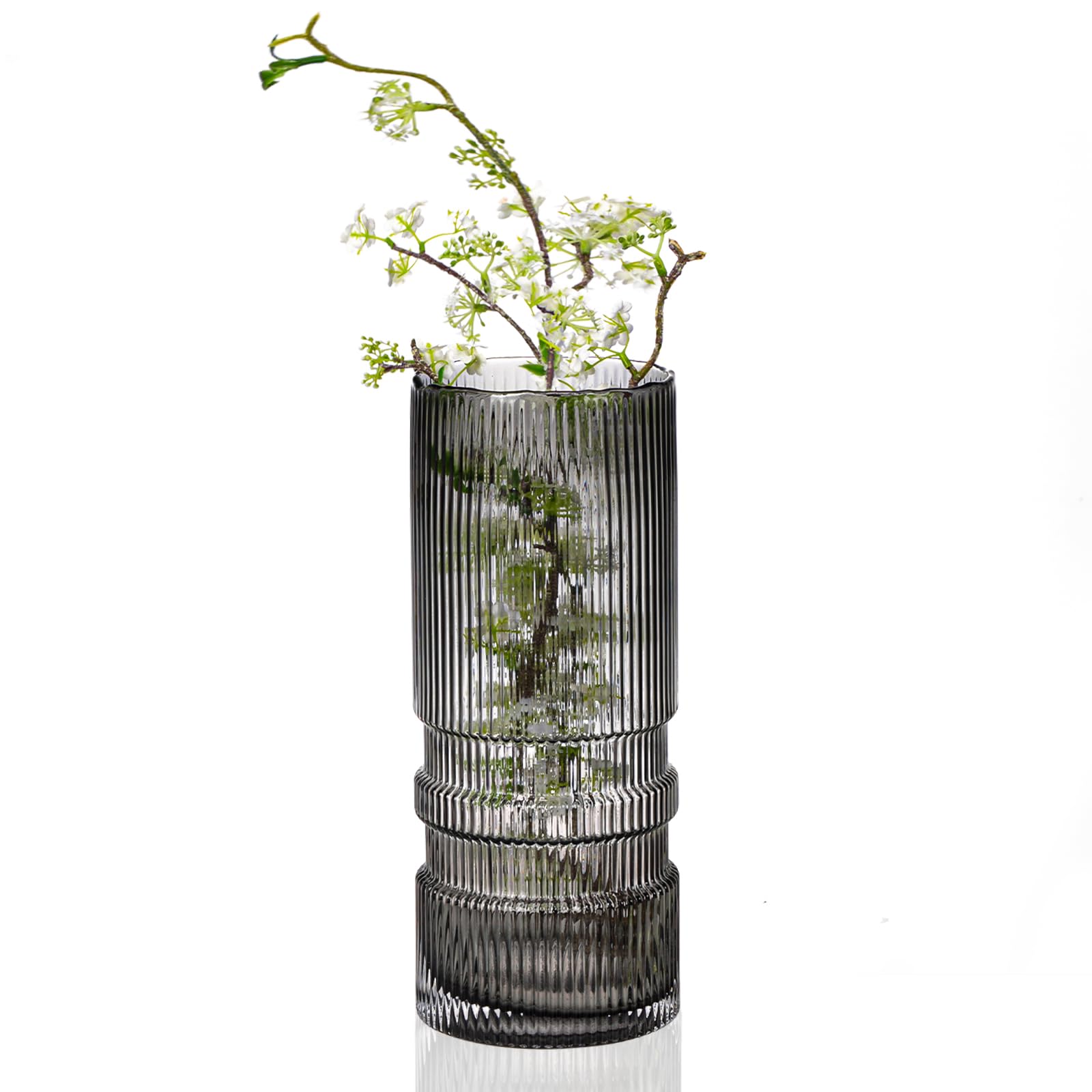 CEWOR 12 Inch Flower Vase, Smoke Gray Thickened Glass Vase, Tall Vase Home Decor for Living Room, Dining Room, Office