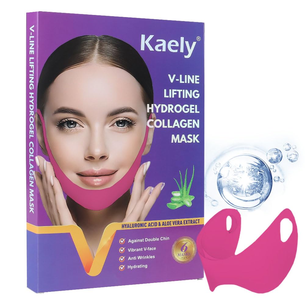 Kaely 6Pcs V Line Lifting Mask,V Line Chin Strap,V Shaped Contouring Face Mask with Collagen,Hydrating Anti-aging,Red-Small Size
