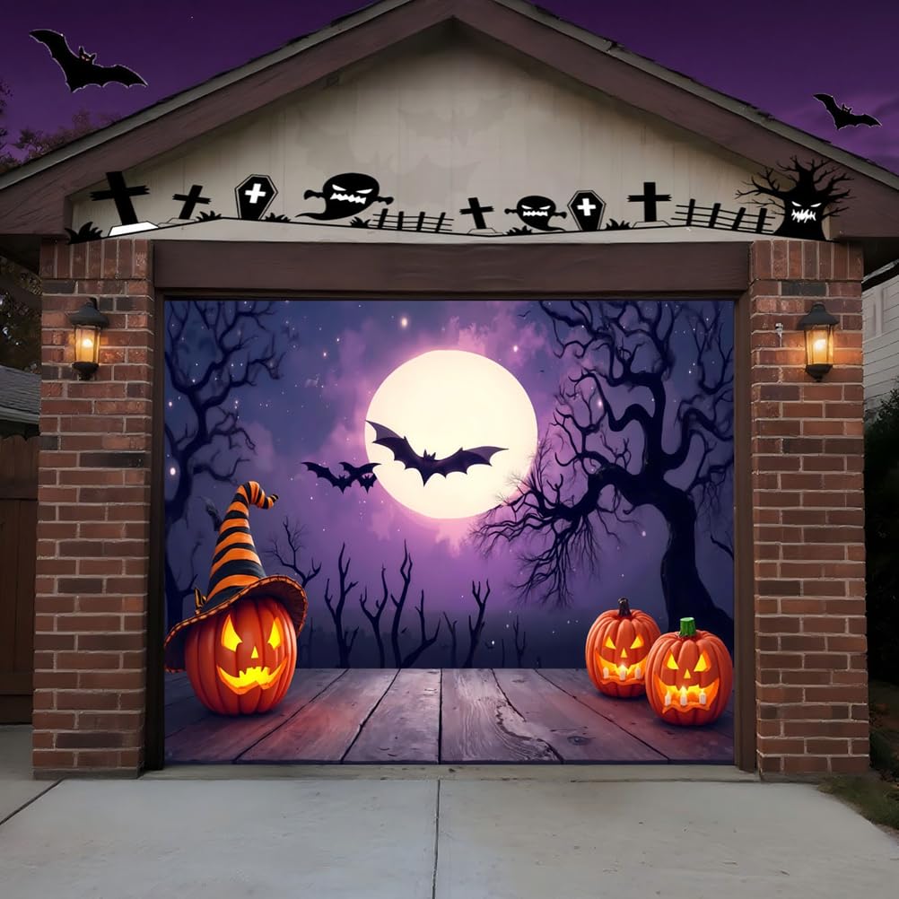 Zfflyh Bat Halloween Garage Door Cover Decorations Banner, Large Halloween Hanging Backdrop Door Cover Wall Decorations For Outdoor Holiday Decorations,,8 * 7