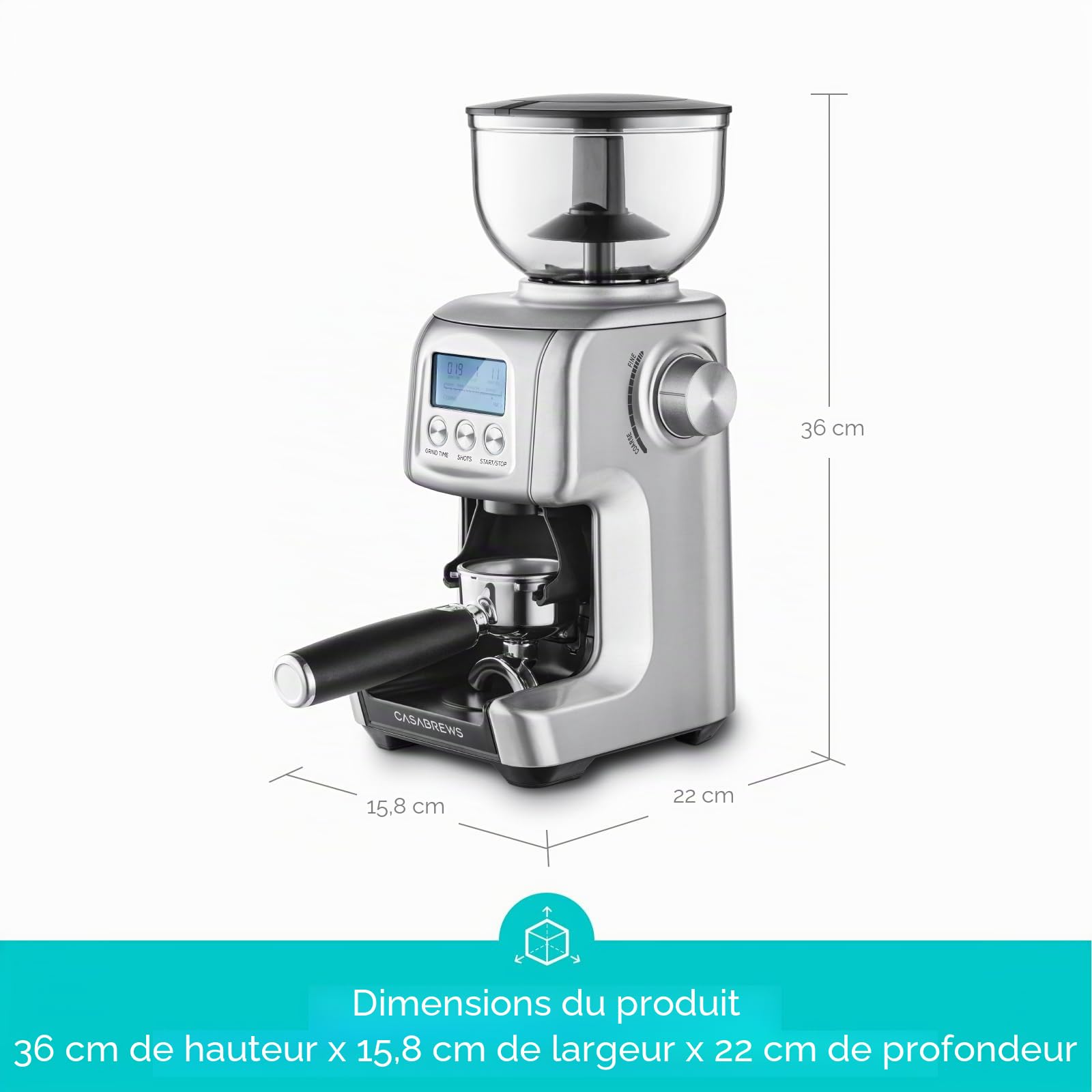 CASABREWS Molinillo à Café Électrique, Broyeur à Grains avec 77 Réglages de Mouture, Écran LCD, Réglage de la Quantité et du Temps, Support Porte-Filtre, Capacidad 400g