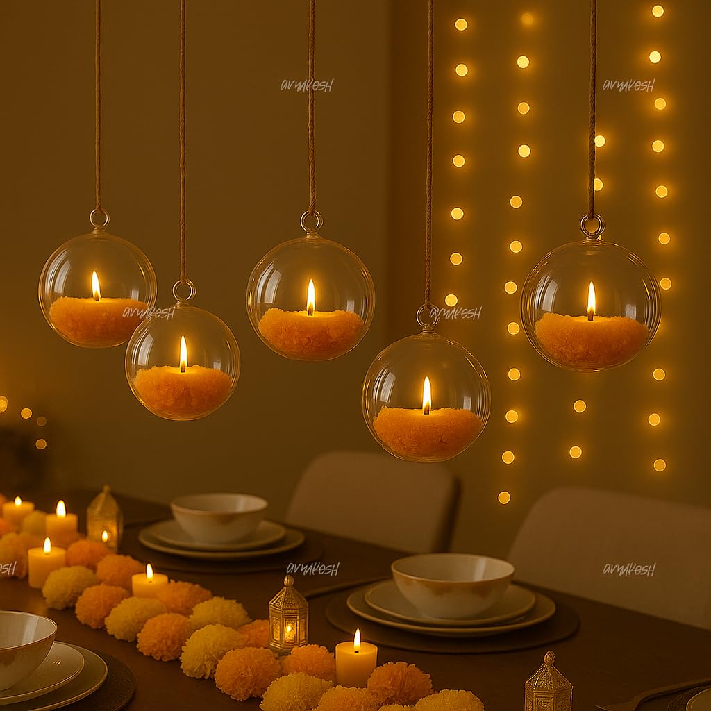 Divyakosh Crystal Bowl/Globe - 4 Hangings with Lights (4 Pcs) for Home Decoration, Diwali Lights, Diwali Decoration Wall hangings, Door Valance Hanging, Balcony Decor