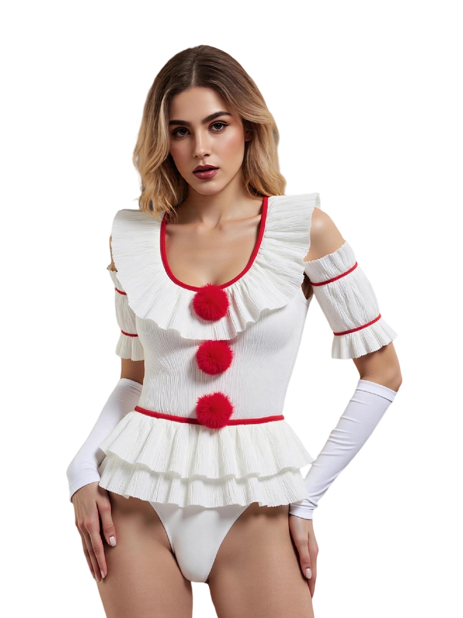 LYSINK Clown Costume for Women Halloween Cosplay Clothes Sleeveless V-Neck Bodysuit with Gloves and Arm Sleeves (D1-a-White, S)