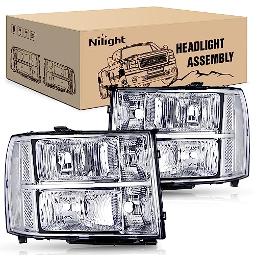 Nilight Headlight Assembly Compatible for 2007 2008-2013 GMC Sierra 1500 2008-2014 GMC Sierra 2500 HD 3500 HD Chrome Housing Clear Corner Clear Lens, Headlights Assembly Replacement