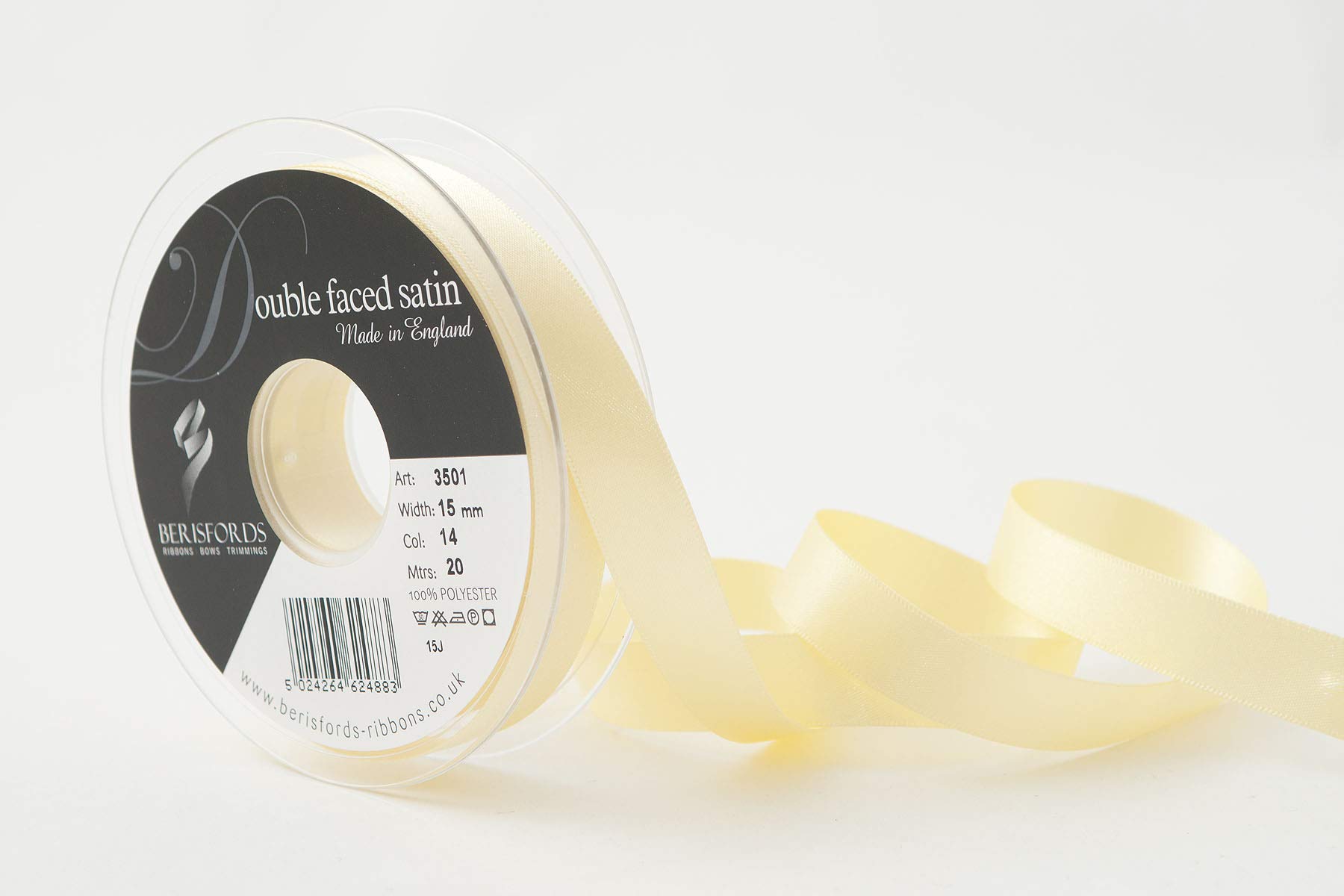 Berisfords Double FACE Poly Satin Ribbon, Pale Lemon, 15 mm
