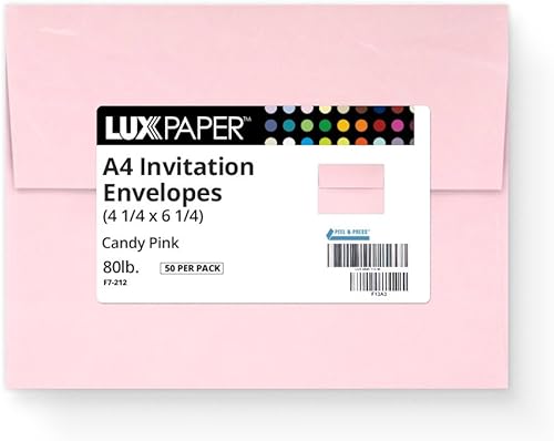 Miniatura 3 de LUXPaper Sobres de invitación A4  Despegar y prensar  4 14 pulgadas x 6 14 pulgadas  Rosa caramelo  Texto de 80 libras  50 unidades