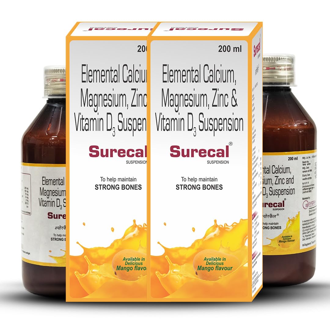 Calcium, Vit D3, Magnesium, Zinc Supplement Syrup | Adults & Kids 3+ Yrs | Bones, Teeth, Muscles, Immunity | Mango Flavour | 200ml * 2 Packs | Surecal Suspension Syrup-image-18