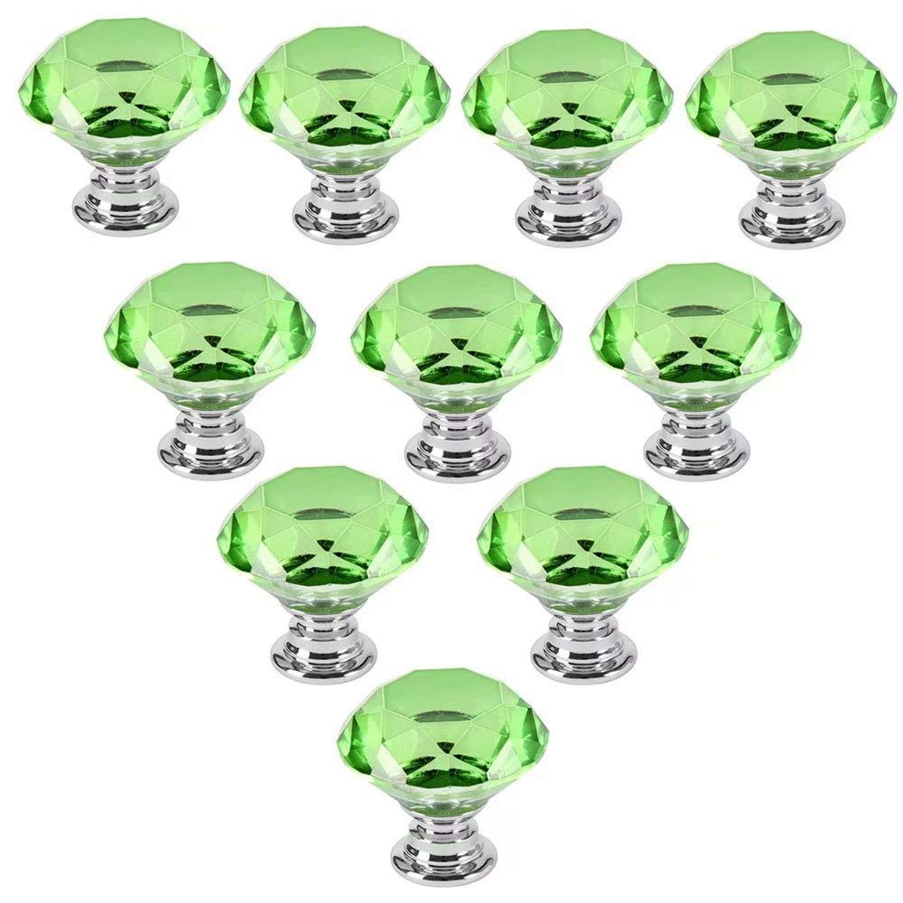 Fbshop(Tm) Green 10 Pcs 30Mm Flat Round Crystal Glass Cabinet Door Knobs Cupboard Drawer Cabinet Furniture Kitchen Wardrobe Dresser Diamond Cut Pull Handle