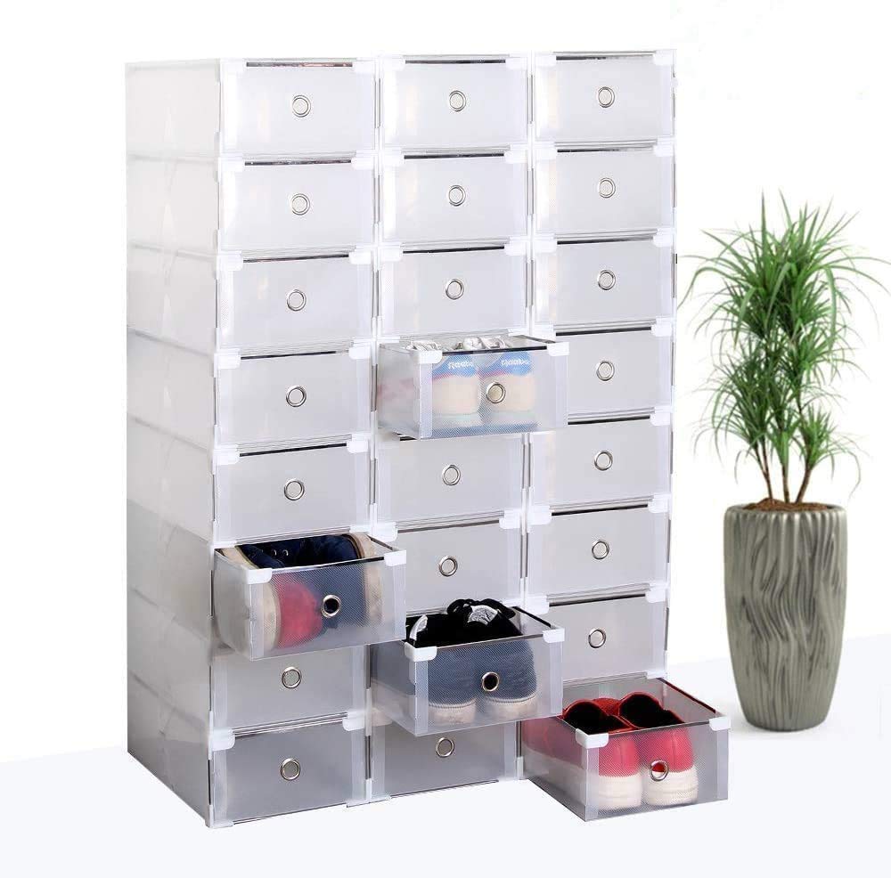 ICOCO Shoe Storage Box Organiser Rack 24 Pack Stackable Shoe box Foldable and Versatile for Sneakers Drawer Plastic womens men shoe Organizer Clear (24 Pack)