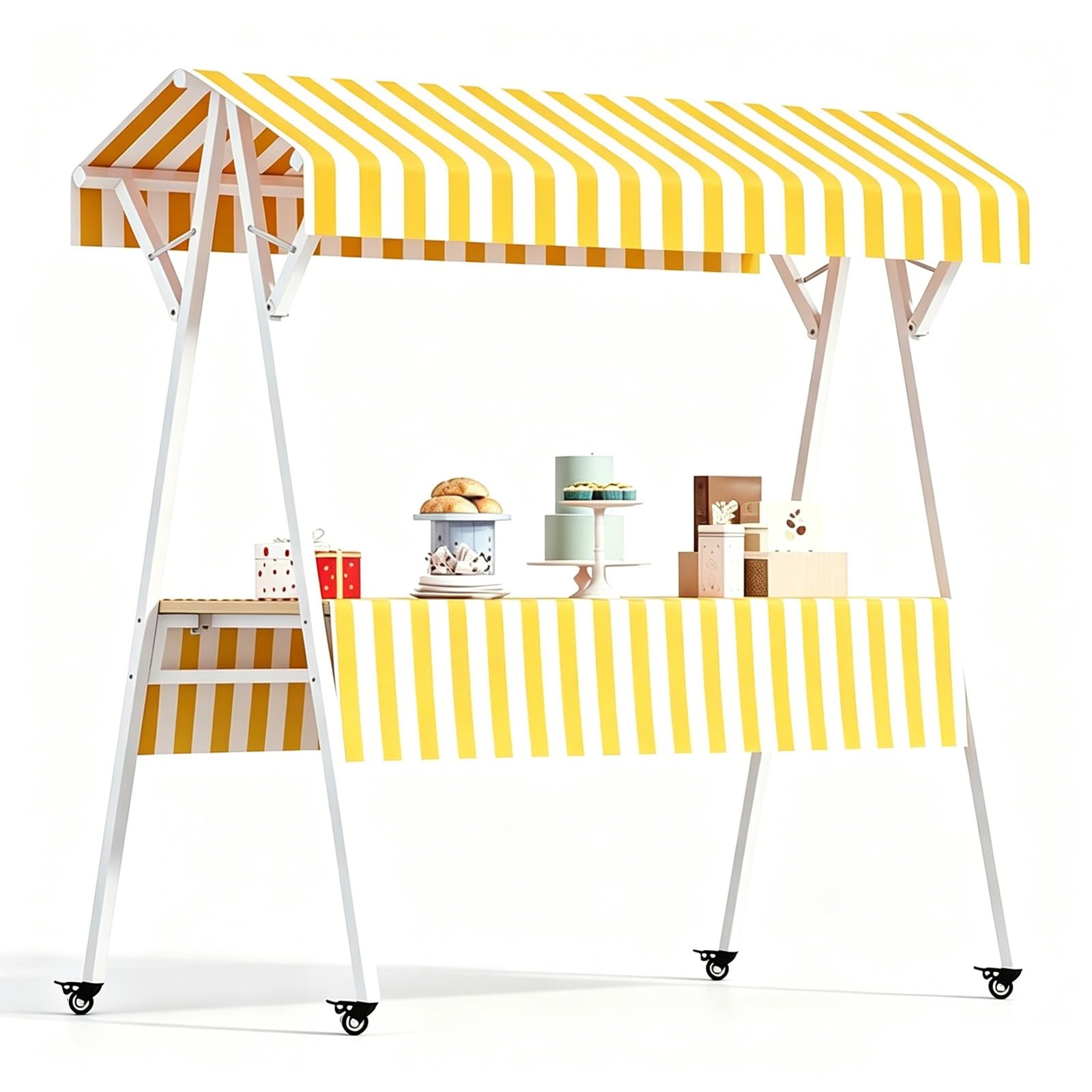 Przenośny Wózek Handlowy, Składane Stoisko Targowe, z Kółkami, Zadaszeniem, Stal Węglowa, na Targ, do Ulicznego Jedzenia i na Imprezy, 150 kg(Yellow,130cm/51in)