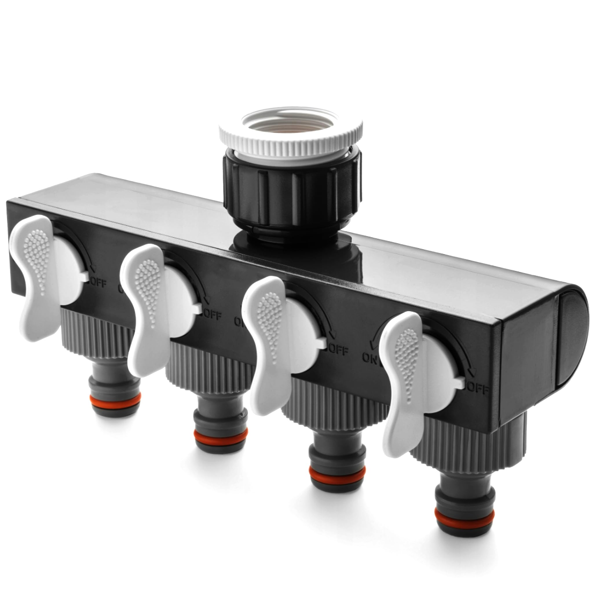 4-Way Garden Hose Splitter with Individual Shut-Off Valves – Heavy Duty Plastic Water Tap Connector, 4 Outlet Hose Distributor, Quick Connect Click-Lock Fittings, 1" & 3/4" BSP Threaded Tap Adapter