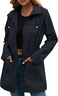 Gelb&Schwarz Lightweight Waterproof Jacket Women's Solid Color Outdoor Mountaineering Sports Hooded Casual Raincoat Mid Length Adjustable Waist Windbreaker Jacket Rain Poncho Adult Waterproof