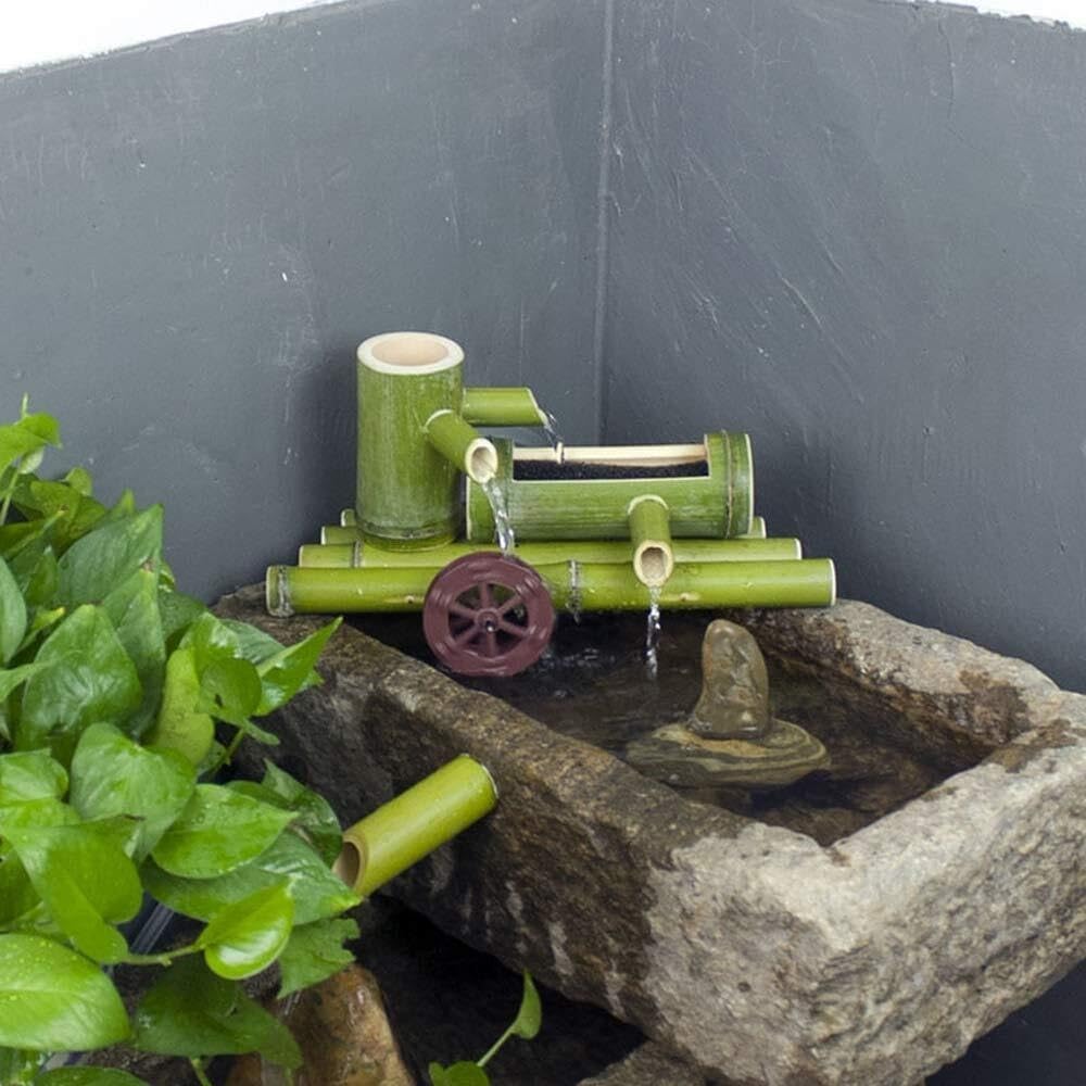 Garden Bamboo Water Fountain with Pump, Handmade Water Feature for Zen Garden, Indoor/Outdoor Flowing Water, Waterwheel Decoration
