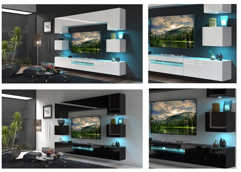 Furnitech Meblościanka do salonu – meble z diodami LED RGB – 16 kolorów – wisząca szafka nowoczesna – szafka pod telewizor (Besta GAN1-17W-HG21 1B)