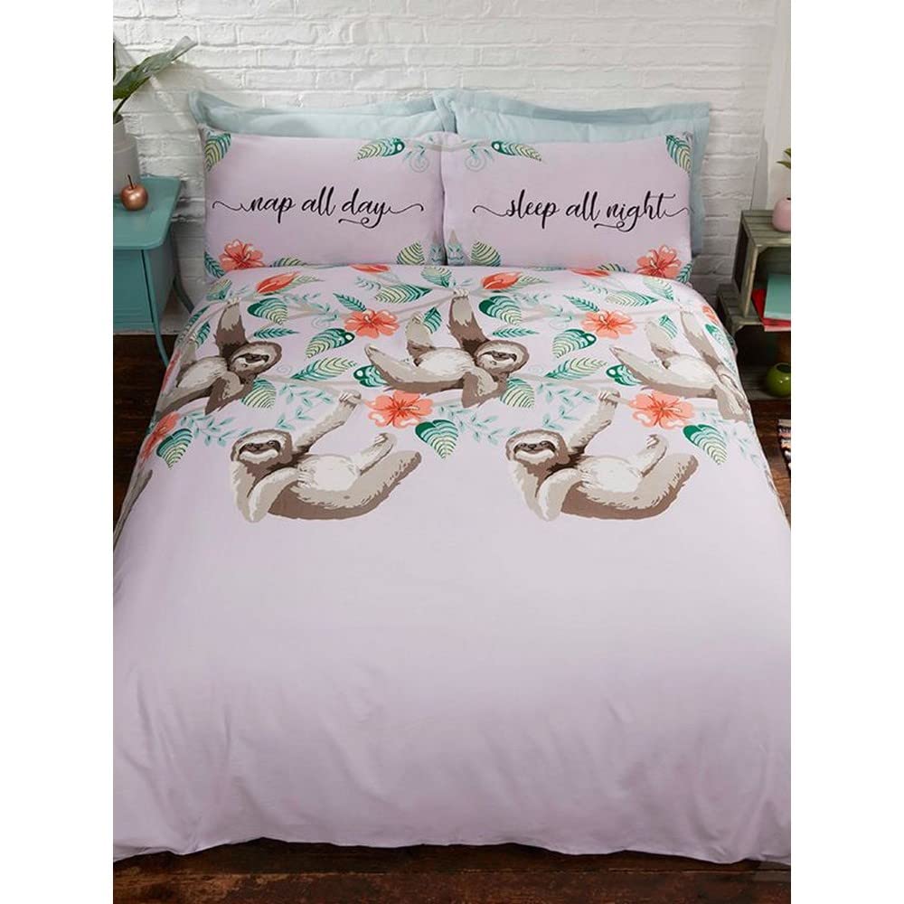 Rapport Home Sloths Duvet Cover Set for Kids & Teens | Soft Polycotton Bedding with Fun Animal Print | Reversible Double Size Quilt Cover & Pillowcases | Lilac