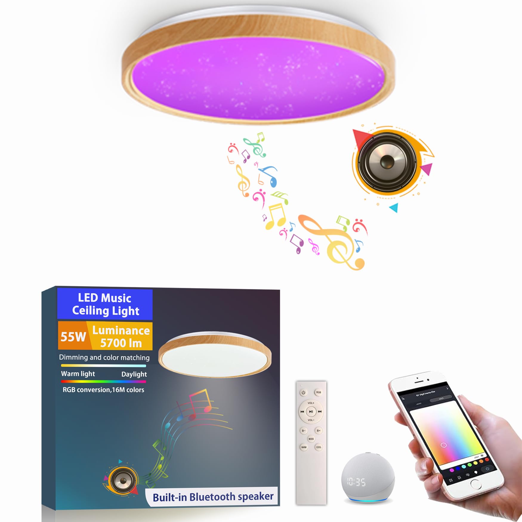 chysongoods 50CM MW LED Musical Ceiling Light, Wood Grain Effect Shade, Alexa Compatible, Built-in Bluetooth Speaker, RGB Lighting Effect, Dimmable, Comes with Remote Control