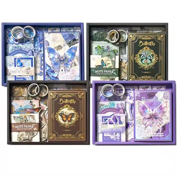 Image of VIBE VISTA Vintage Aesthetic Scrapbook Kit,346 Pcs,A6 Grid Notebook,Washi ,Envelopes, Scrapbook Papers, Folding Labels, Background Papers, Photo Frames, Calendar Stickers, Stickers (Blue Butterfly)