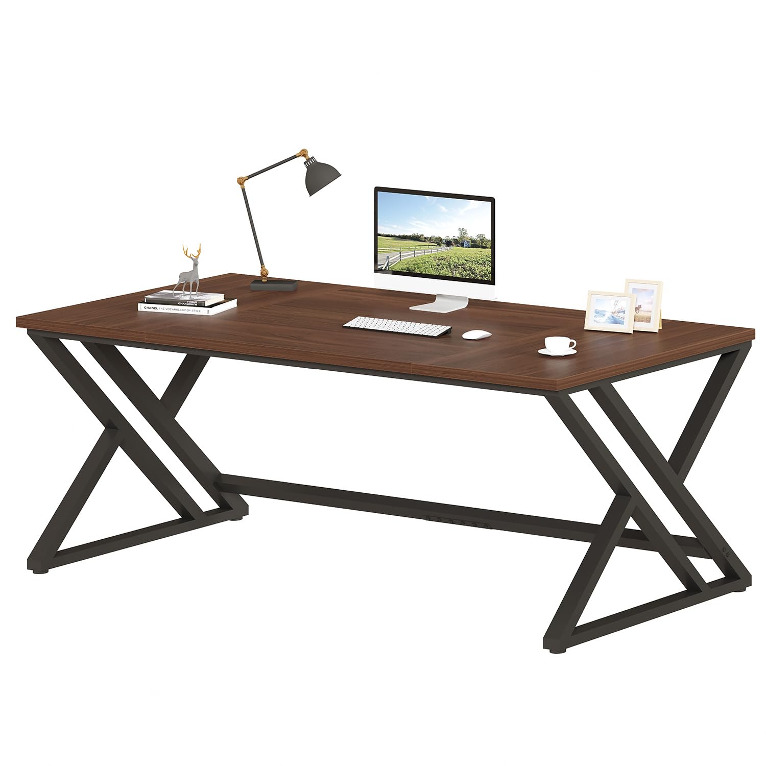 LVB Scrivania grande per computer, scrivania da ufficio, per casa, ufficio, studio, gaming, PC, tavolo in legno, metallo, mobili da ufficio, design industriale, grigio scuro, 180 x 80 x 75 cm
