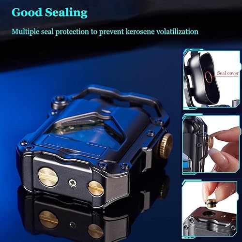 Miniatura 4 de Encendedor de trinchera con luz LED azul, encendedor mecánico transparente novedoso, regalos únicos para hombres (negro)