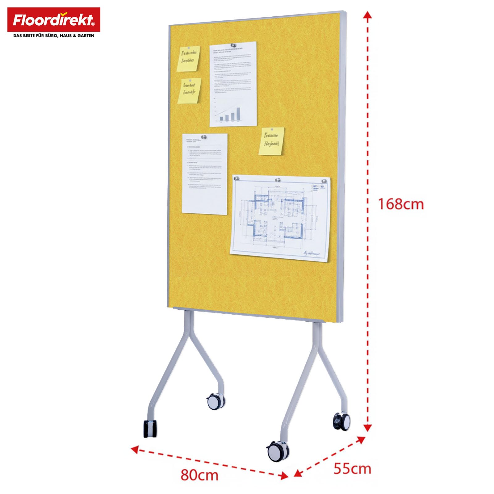 Floordirekt Moderationwand Doppelseitig 80 x 120 cm Präsentationstafel mit feststellbaren Rollen - Filztafel Pinnwand - Stabiler Metallrahmen - Giant (Gelb)