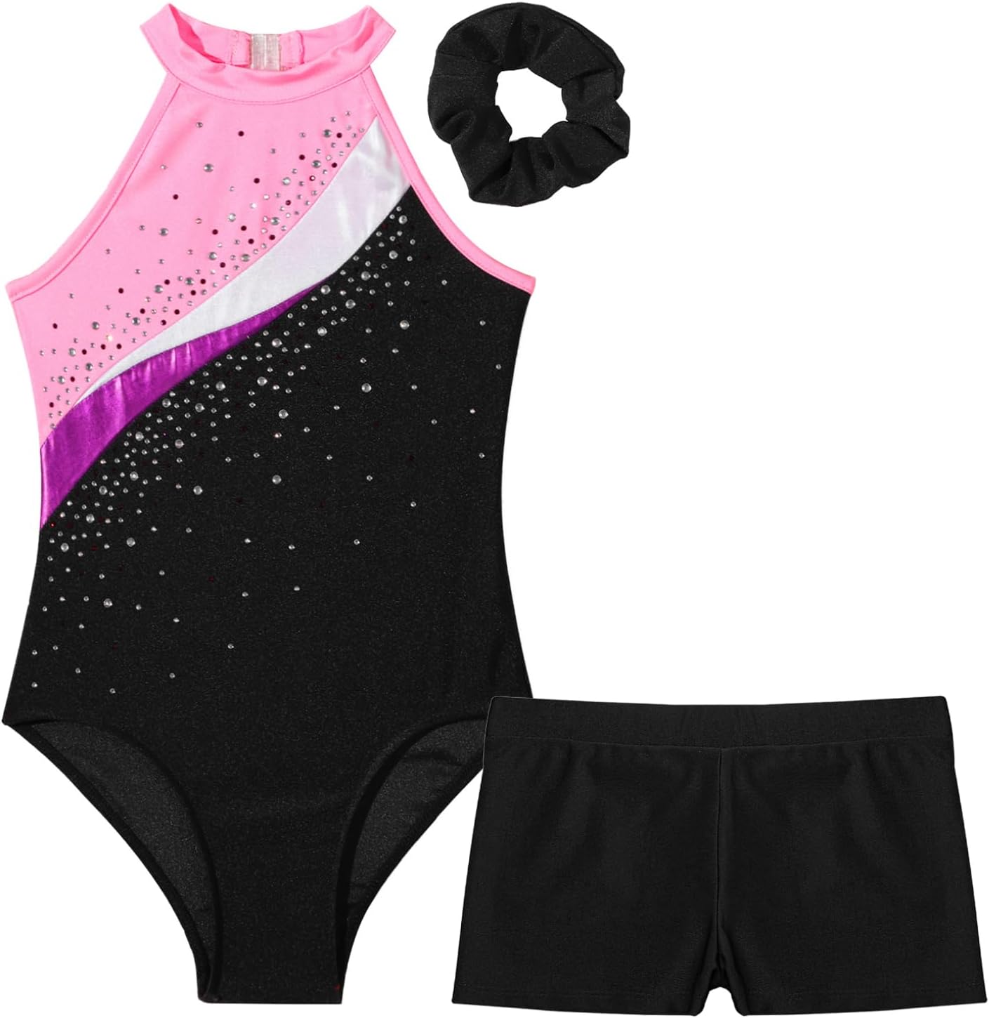 ACSUSS Kids Girls Sleeveless Gymnastic Leotard with Athletic Shorts Hair Scrunchie Biketard Dance Outfits Sets Tracksuit