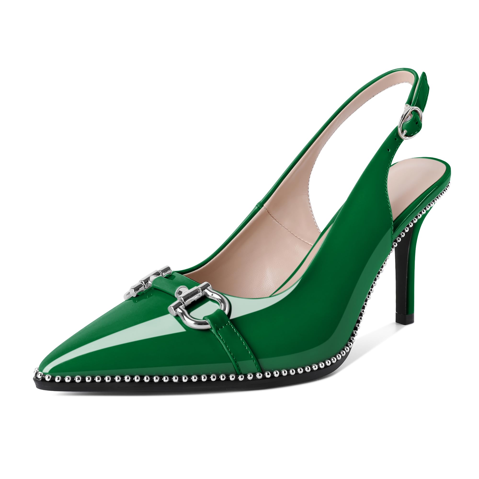 Soireelady Women Beaded Pumps High Heel Slingback Pointed Toe Slip On Stilettos Ankle Strap Adjustable Buckle 3.5 Inch Dress Shoes Patent Leather