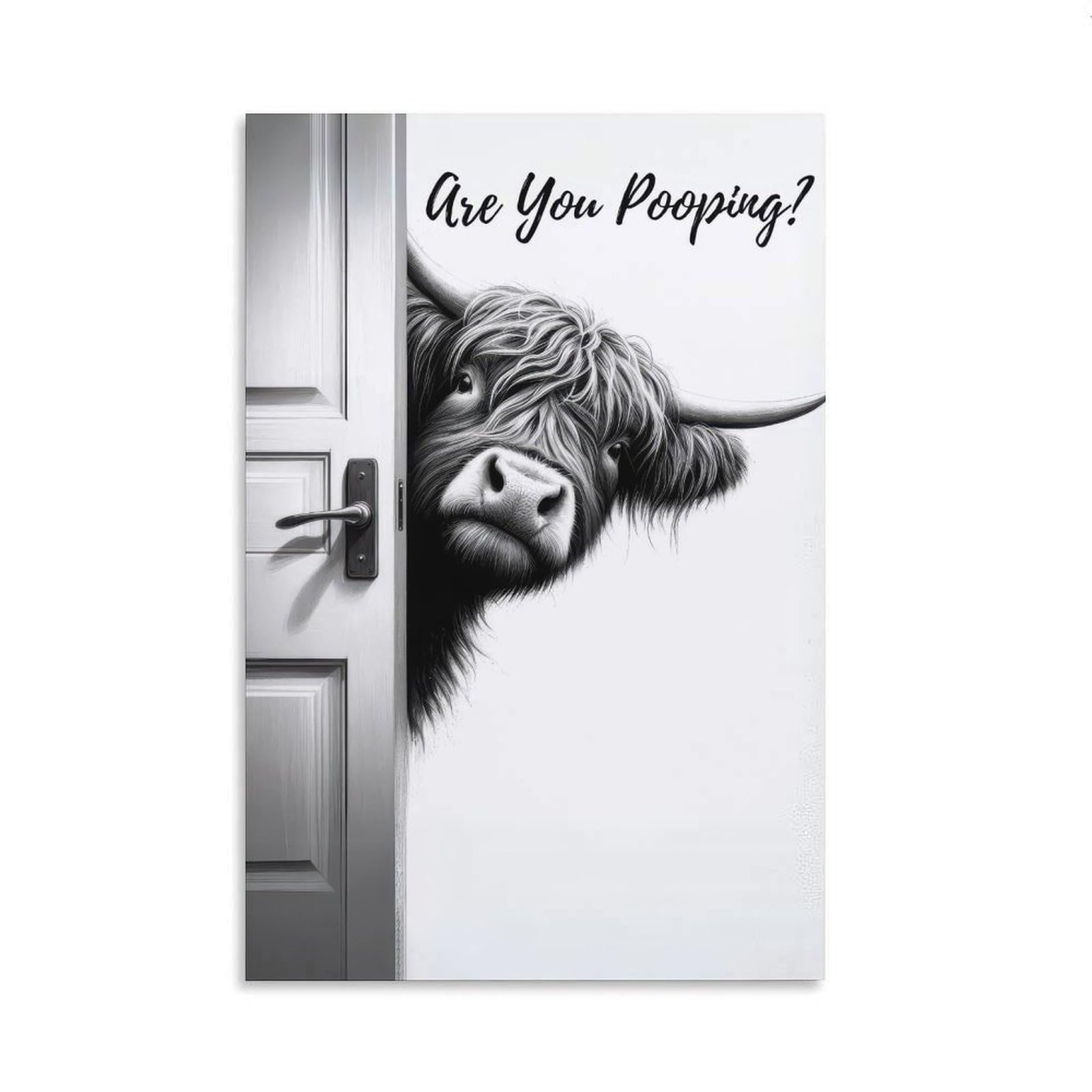 Luihg Unframe-Style Funny Animal Bathroom Poster Art Print Are You Pooping Cute Highland Cow Black And White Vintage Country Bathroom Western Wall Art Decor For Toilet Bedroom Living Room Retro Animal Aesthetic Wall Deco