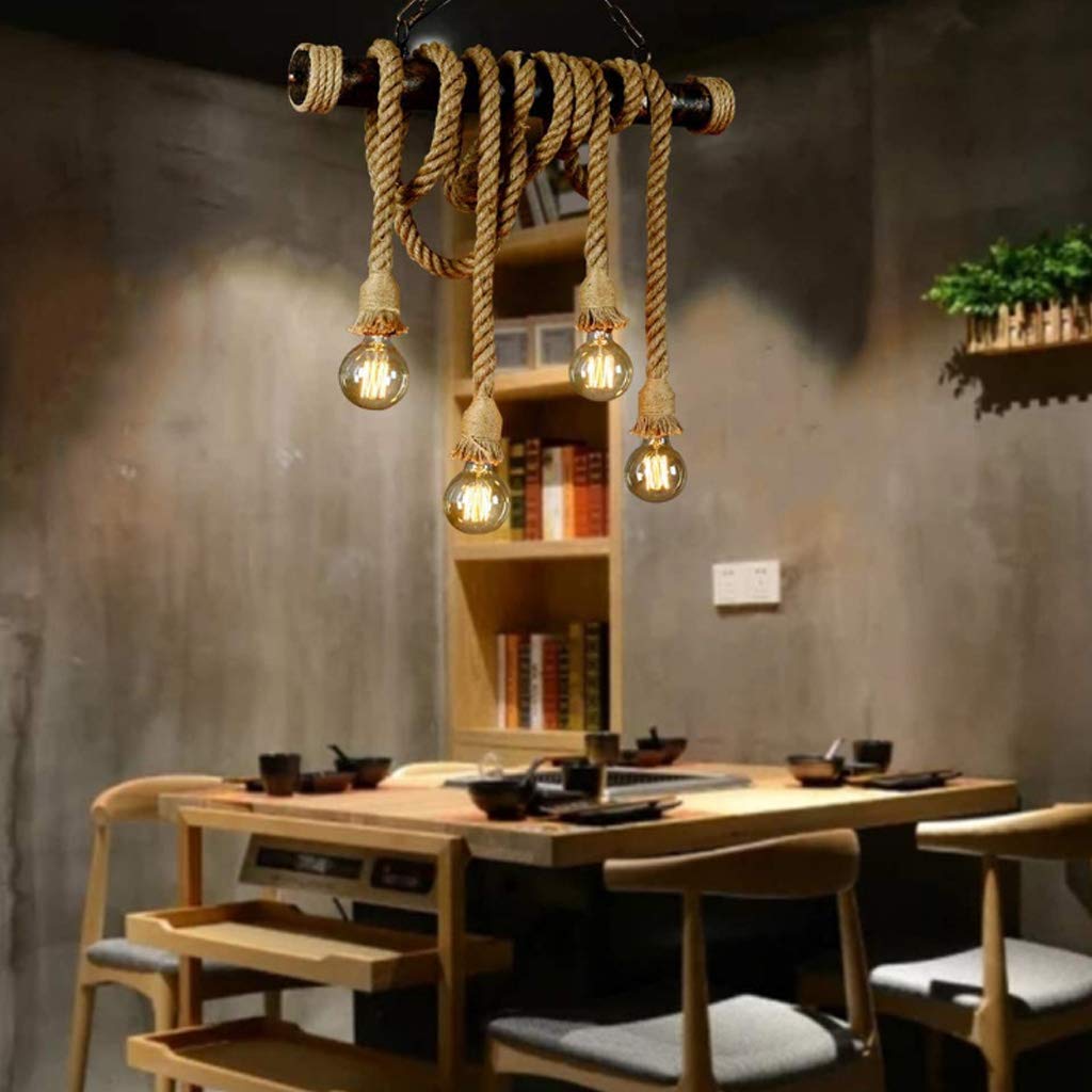 Lámparas De Araña Hierro Cuerda Cáñamo Industria Lámpara Colgante Retro E27*4 Araña De Luces Altura Ajustable Tejida A Mano Interior Living Iluminación Colgante Habitación Restaurante Bar