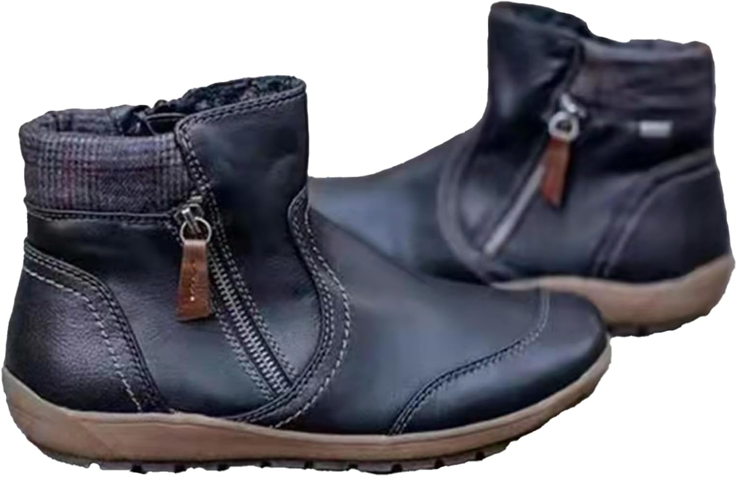 Vintage Leather Booties Women Comfortable Wide Width Flat Boots Waterproof Lightweight Fall Winter Short Boots Casual Non-Slip Side Zipper Ankle Booties