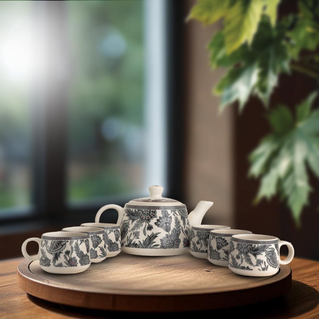 IZZYLYF 'Garden Bliss' Ceramic Tea Set - 1 Kettle (1000ml) & 6 Cups (150ml Each) | Handcrafted, Microwave & Dishwasher Safe Stylish Ceramic Tea Cup Set with Kettle | Fancy Tea Pot Set for Gifting 4
