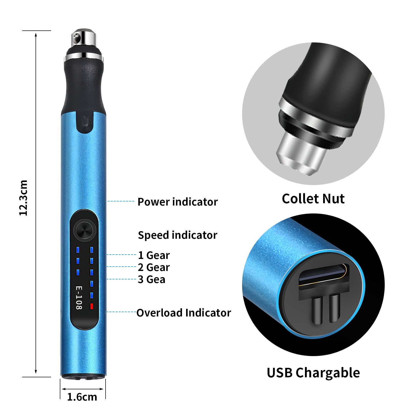 Perceuse électrique 3 vitesses rechargeable - 10 forets - Modélisme, bois, résine, bijoux - Circuit imprimé plastique - Bleu