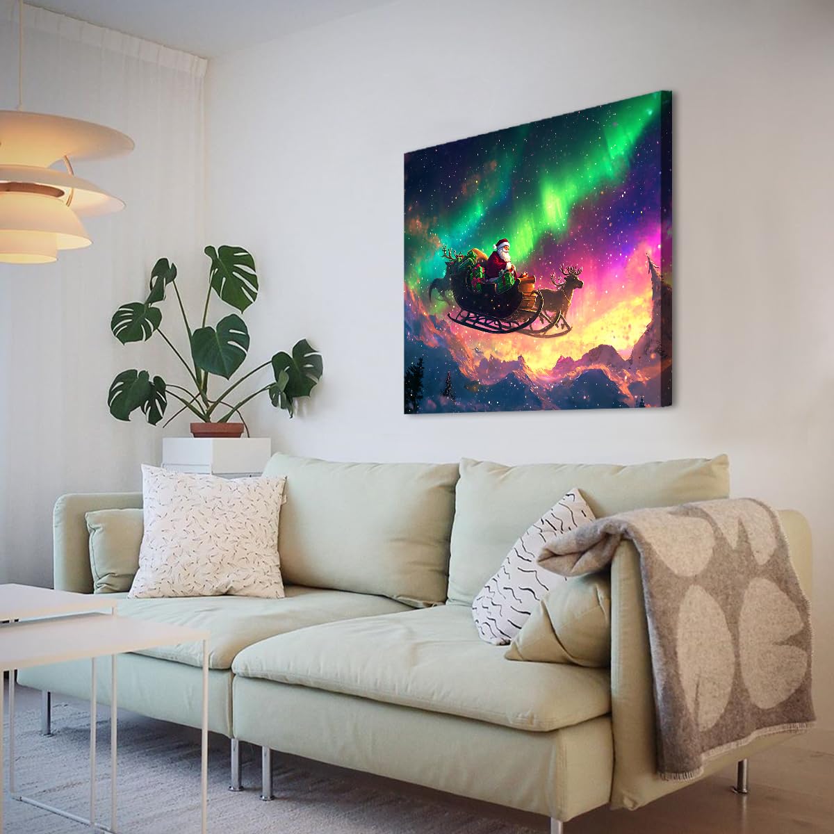 TOANGWALL Świąteczne sanki Aurora płótno sztuka ścienna Świętego Mikołaja zdjęcia grafika wydruki zimowe wakacje plakaty ścienne malarstwo toaletowe wystrój 60 x 60 cm nieoprawione