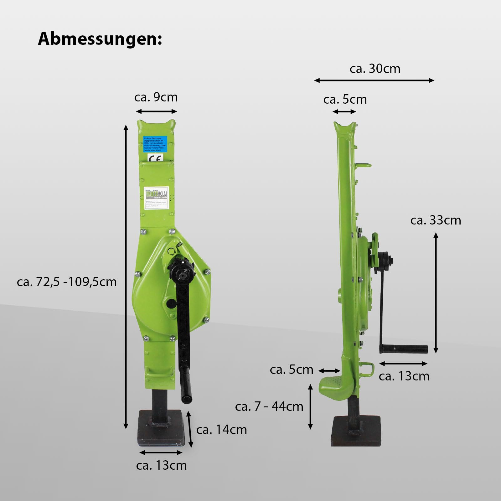 TRUTZHOLM Stahlwinde 3t Stockwinde Zahnstangenwinde 3000 kg 72,5-109,5 cm Höhe auomatische Bremse große Grundplatte Hubwinde Hebewinde Zahnstangenheber