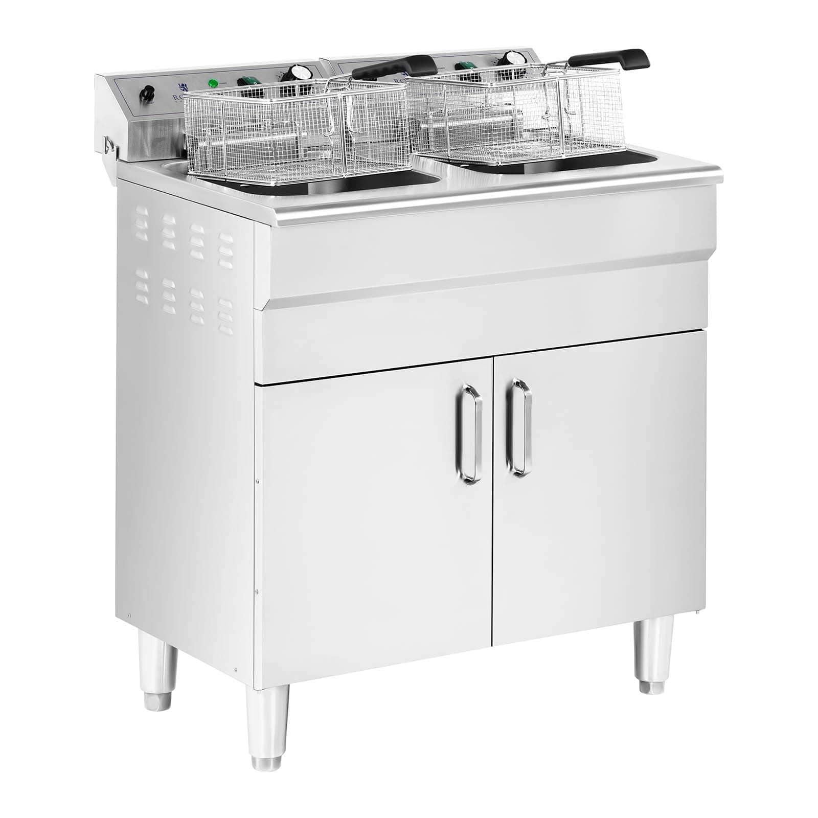 Royal Catering Doppel-Elektro-Fritteuse mit Unterschrank 2 x 16 l (2 x 10 l Öl) 10 000 W 400 V Ablasshahn Kaltzone Gastro-Fritteuse