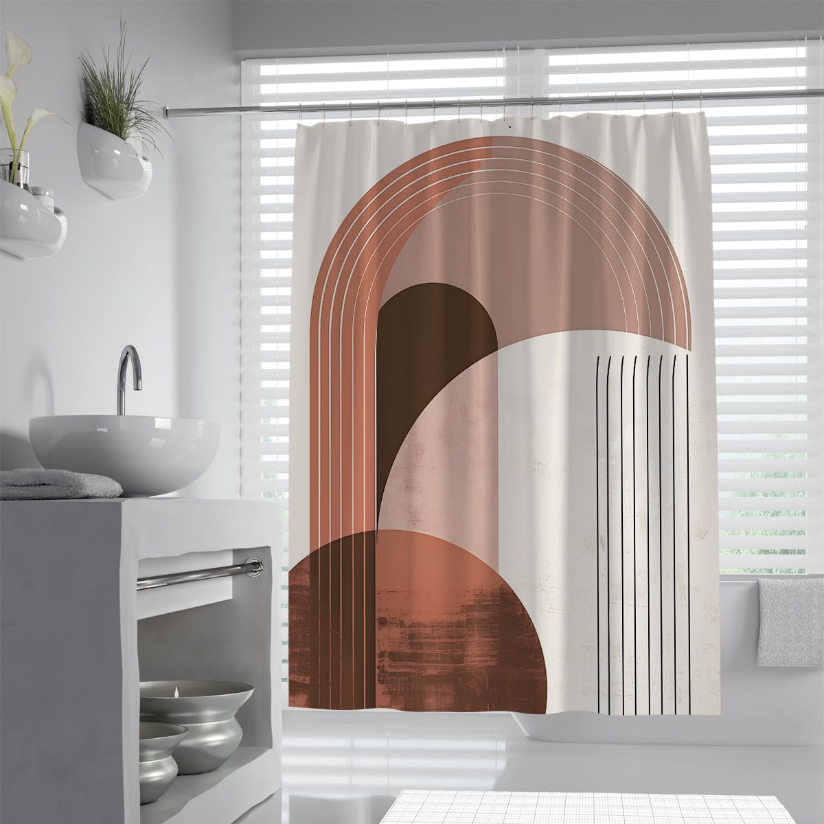 UIRINGART Boho Shower Curtain W200xL220cm Terracotta Arch Black Line Art Mildew Mould Resistant Quick Drying Polyester Fabric Lightweight Bathroom Wet Room Tub