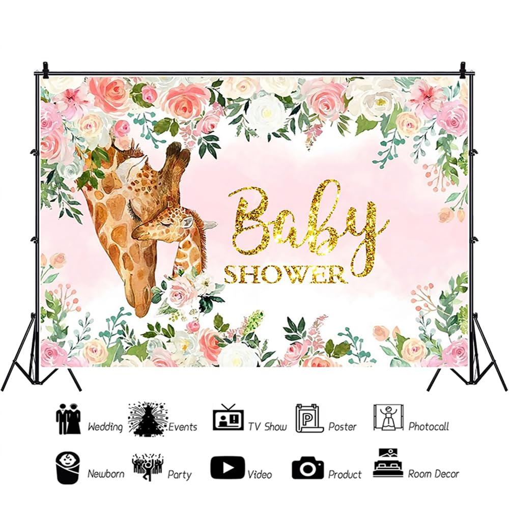 3 x 2,1 m baby shower poliestrowe tło urocza żyrafa różowa biała akwarela kwiaty fotografia tło dziewczyna księżniczka baby shower impreza ciasto stół dekoracja rekwizyty do studia