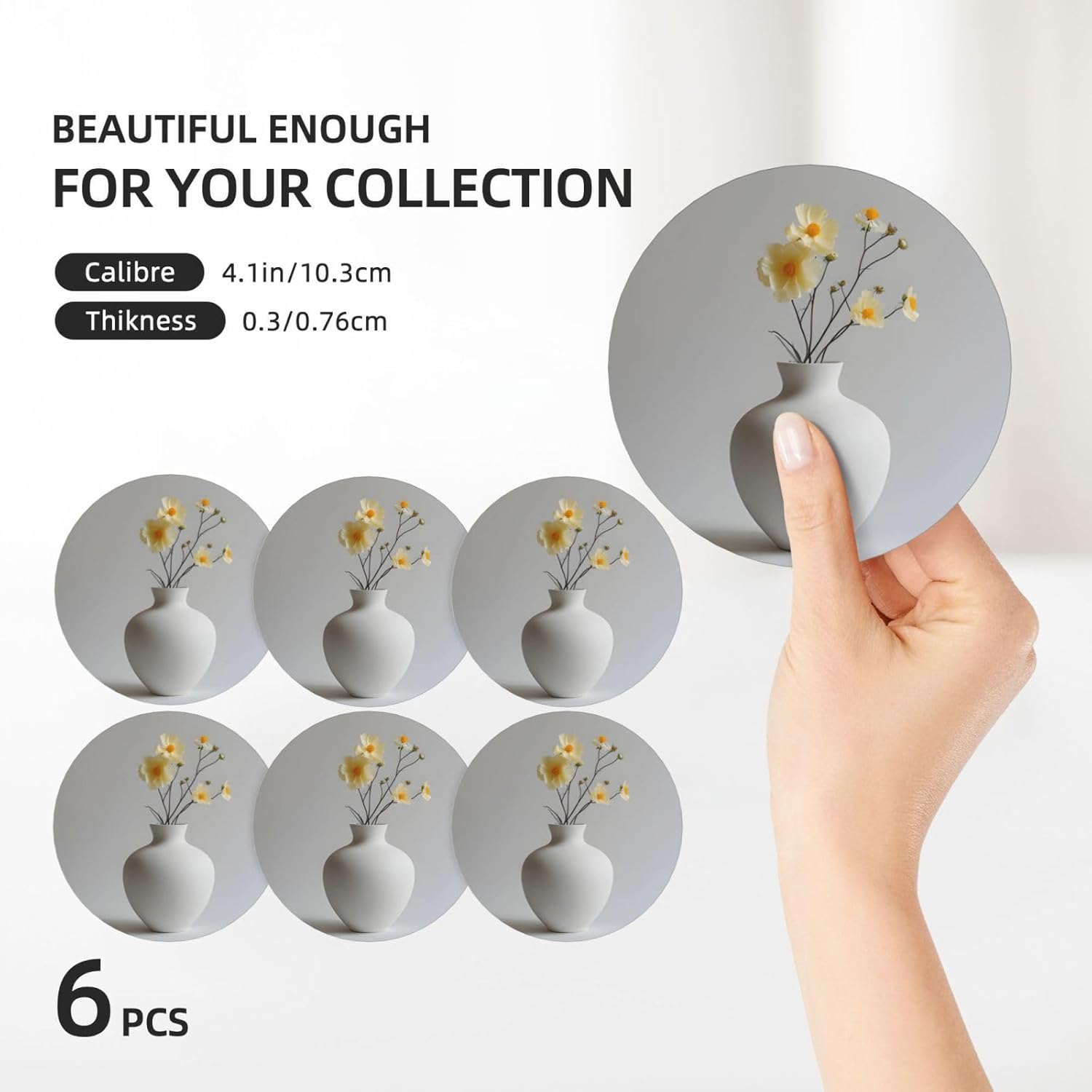 (White vase) Ceramic Coasters Set of 6 with Holder Non-Slip Round Coffee Coasters for for Cup Mug Drink Patio Coffee Table Decor, Christmas Coasters Home Bar Supplies